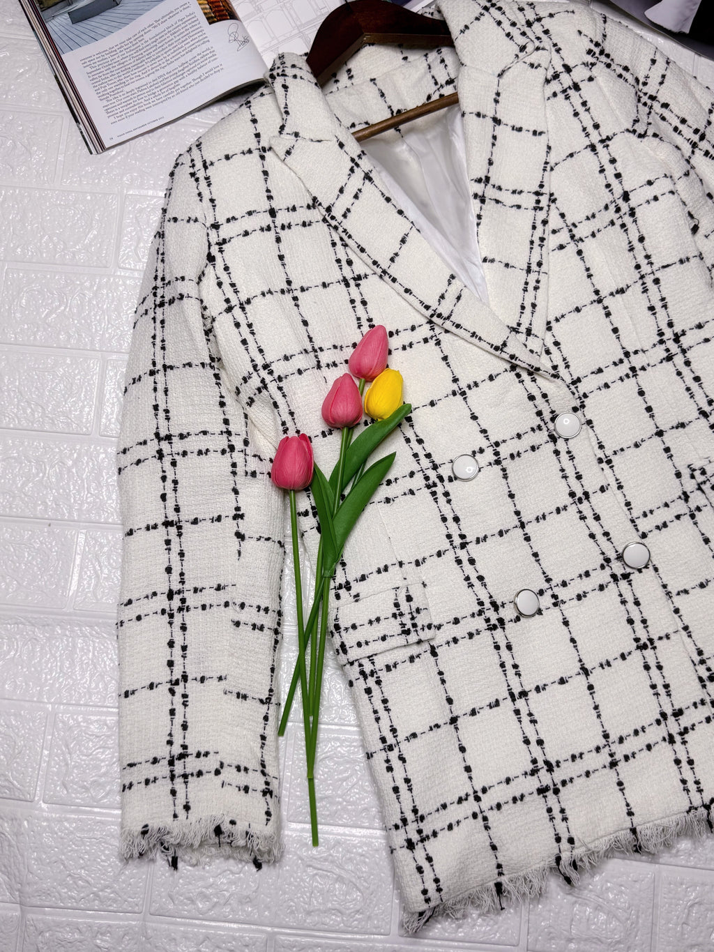 White double breasted plaid blazer