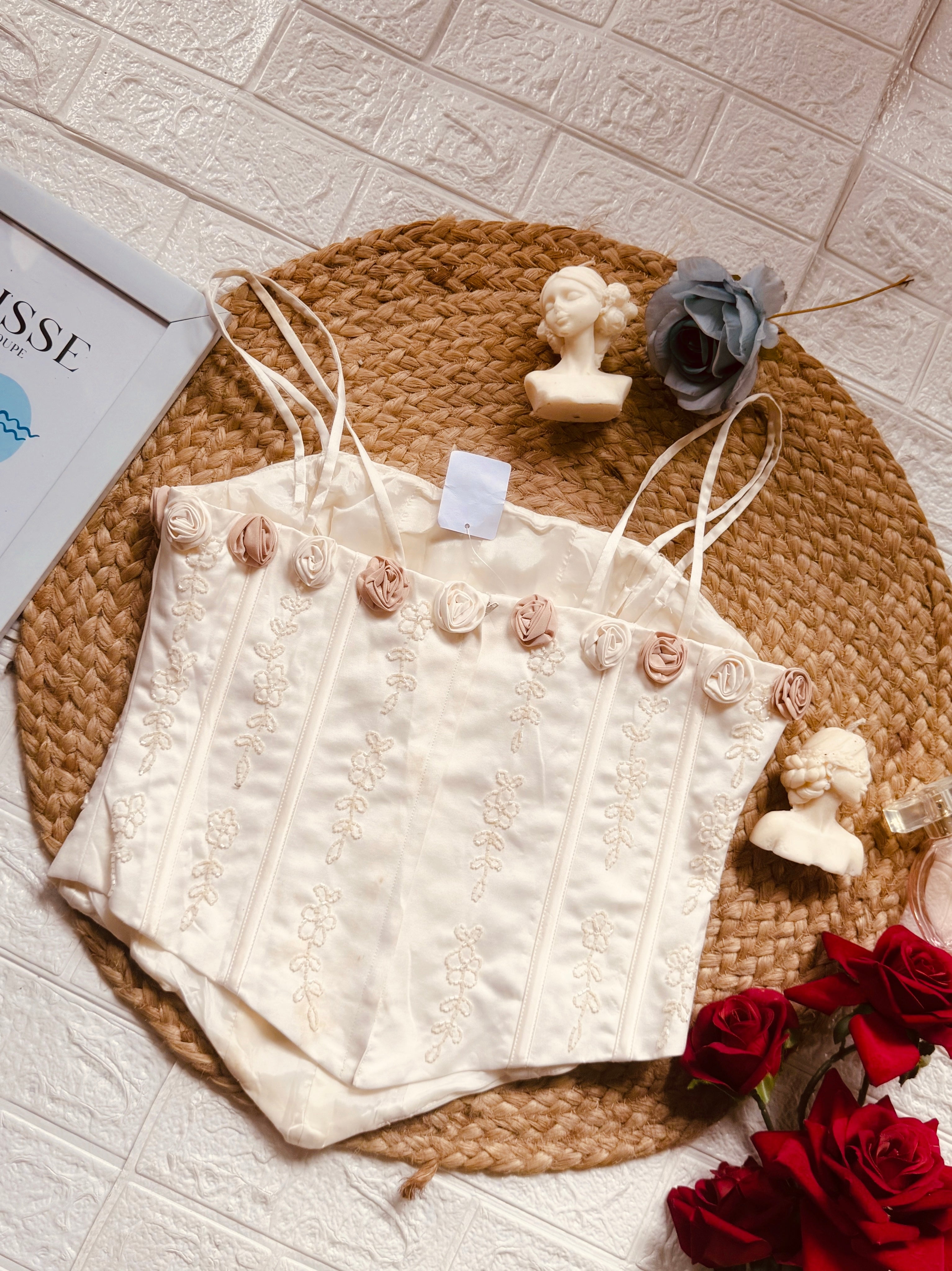 Floral appliqué white corset