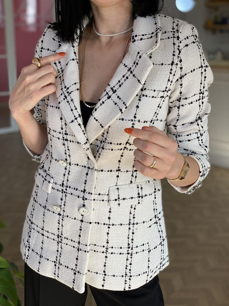 White double breasted plaid blazer