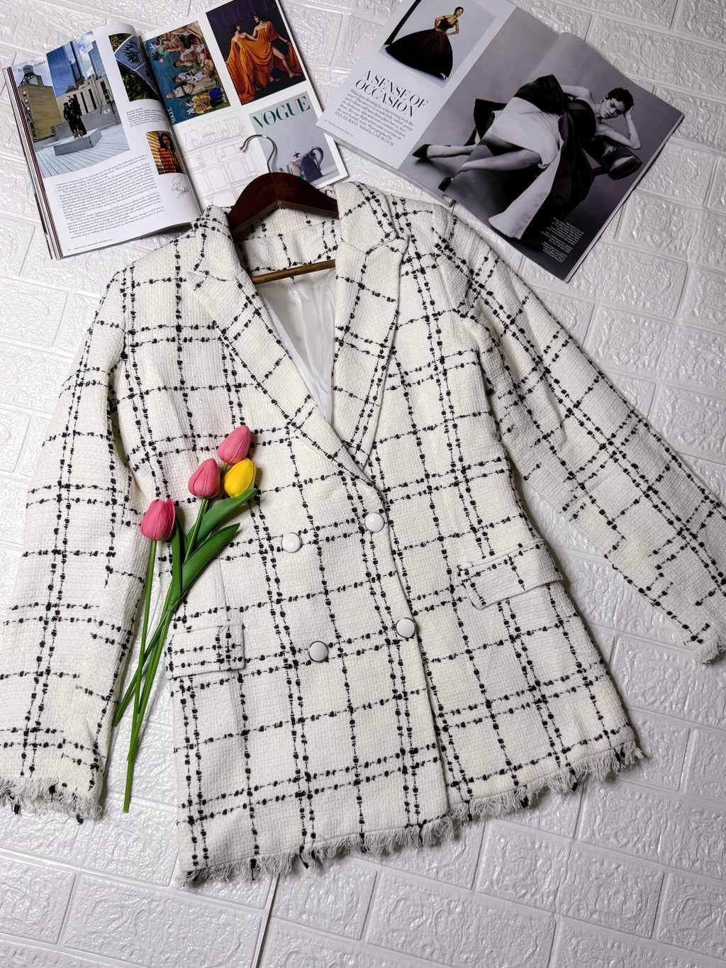 White double breasted plaid blazer
