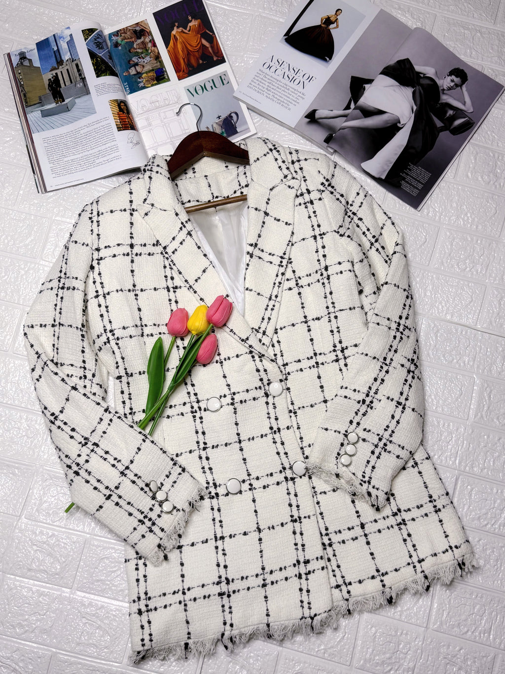 White double breasted plaid blazer