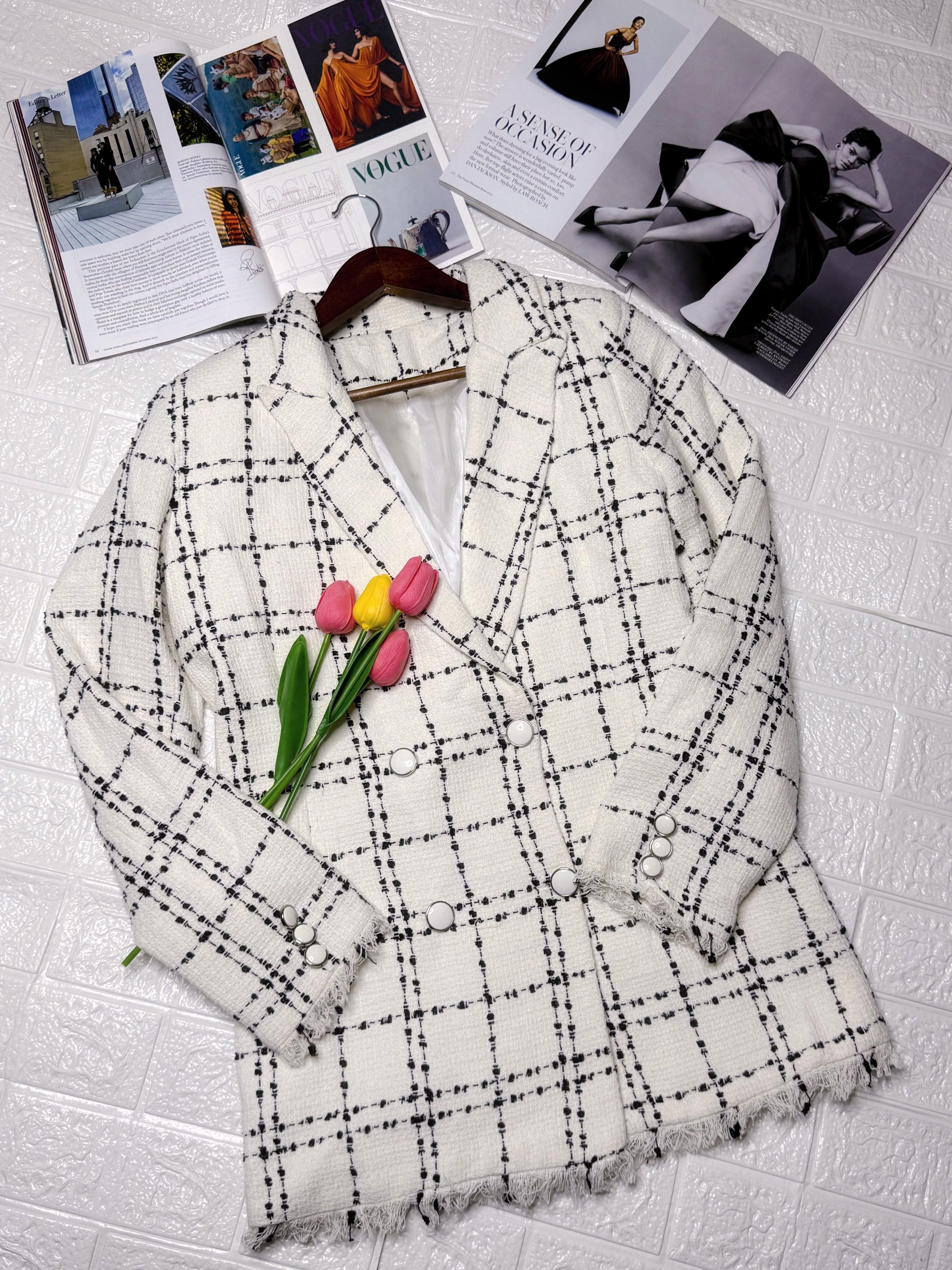 White double breasted plaid blazer