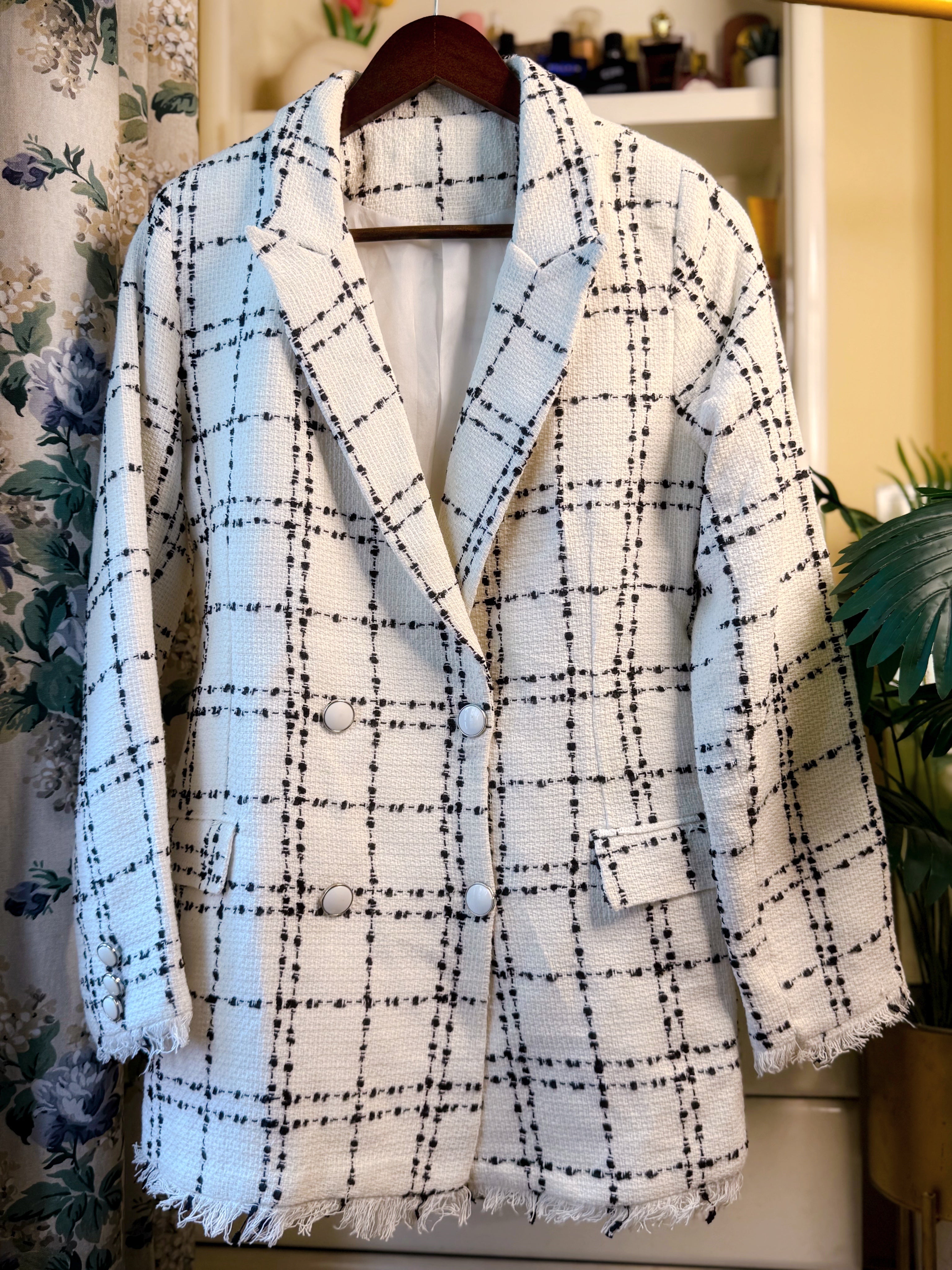 White double breasted plaid blazer