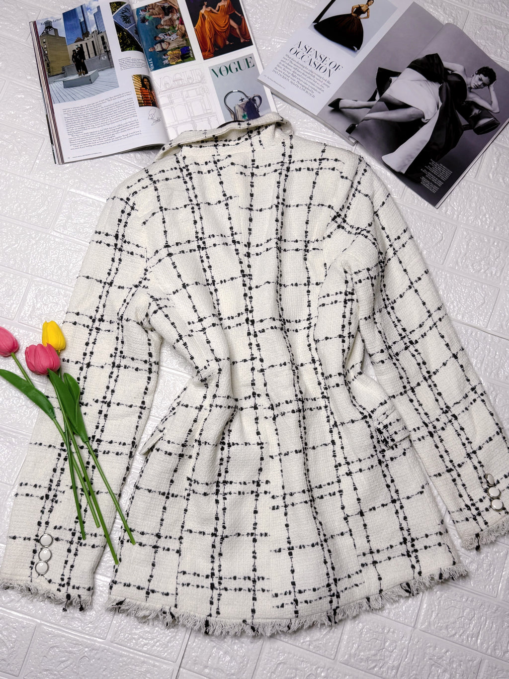 White double breasted plaid blazer