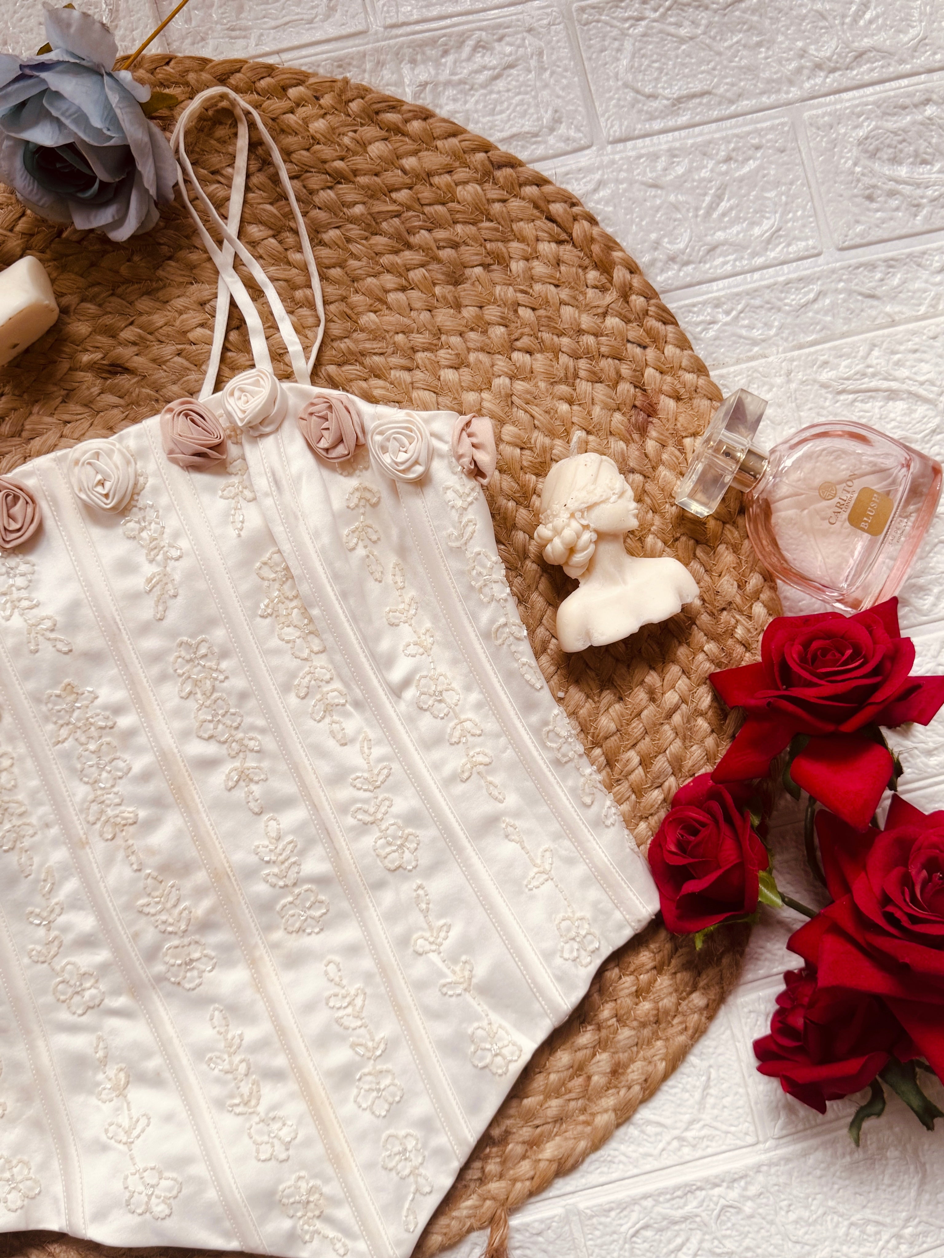 Floral appliqué white corset