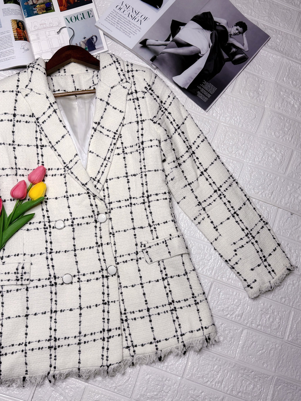 White double breasted plaid blazer