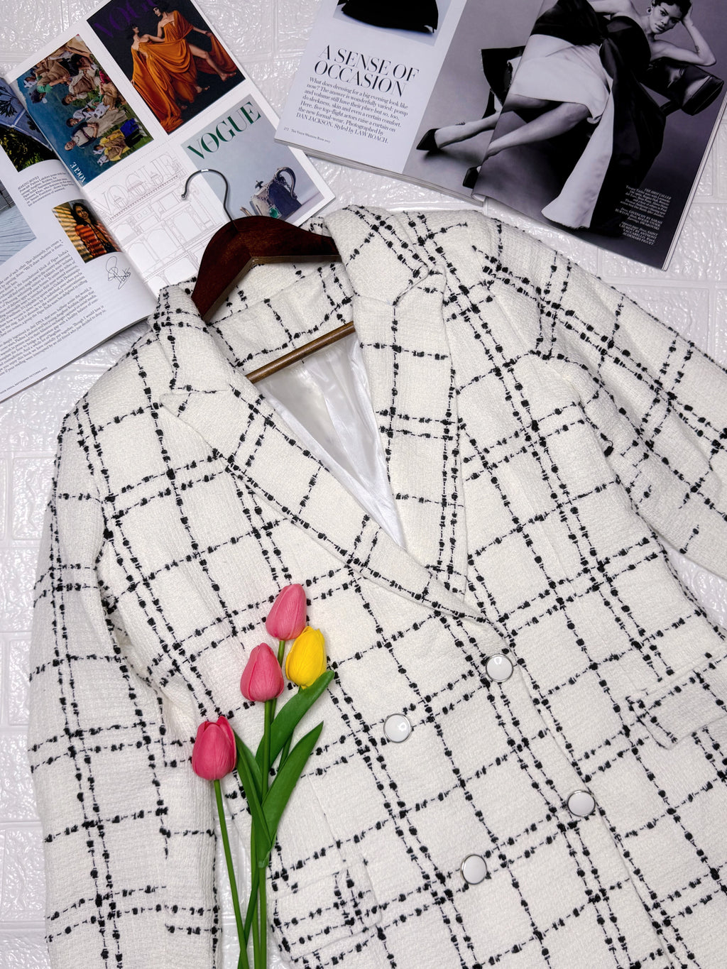 White double breasted plaid blazer