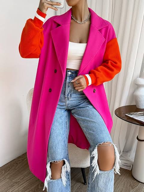 Colour block long winter coat