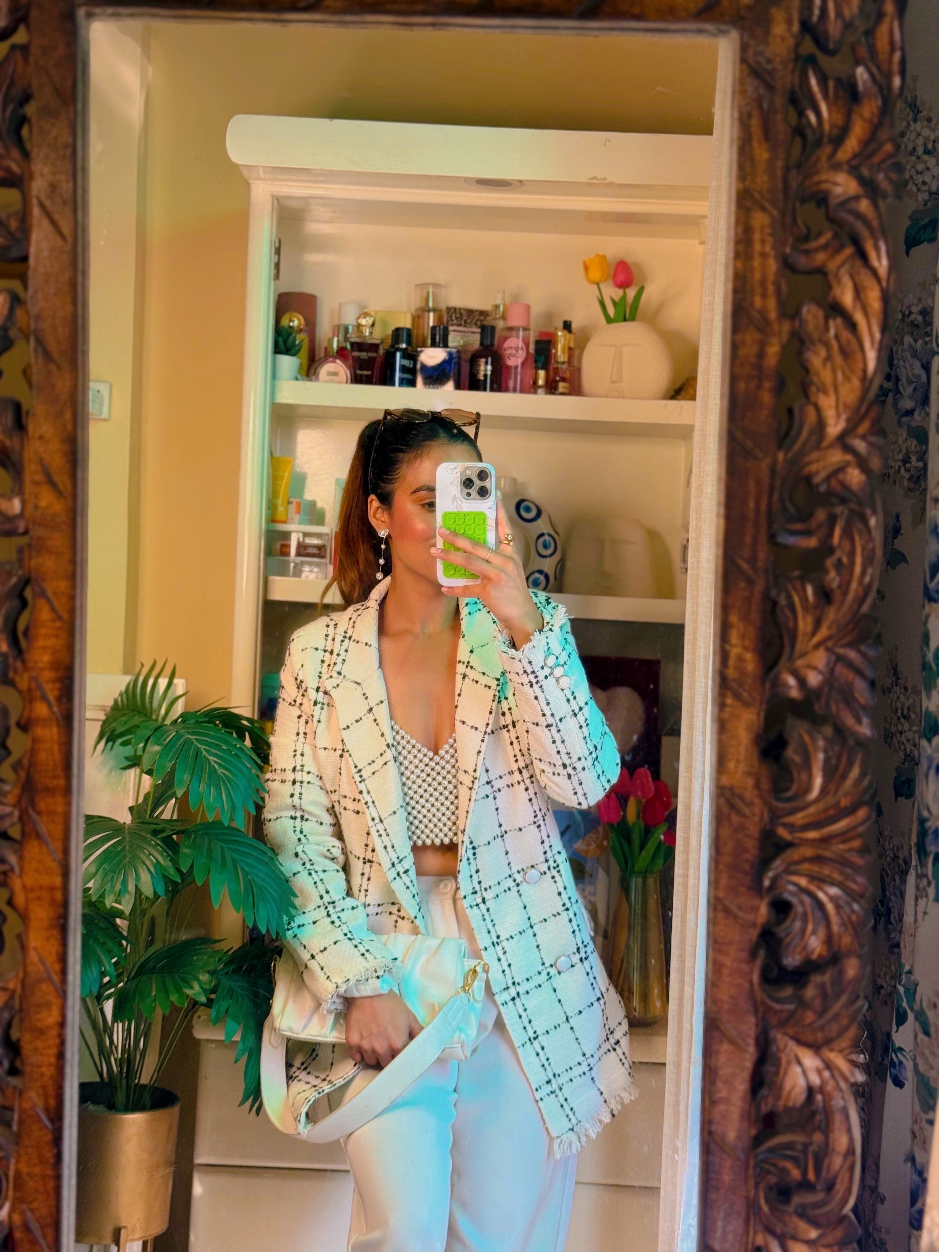 White double breasted plaid blazer