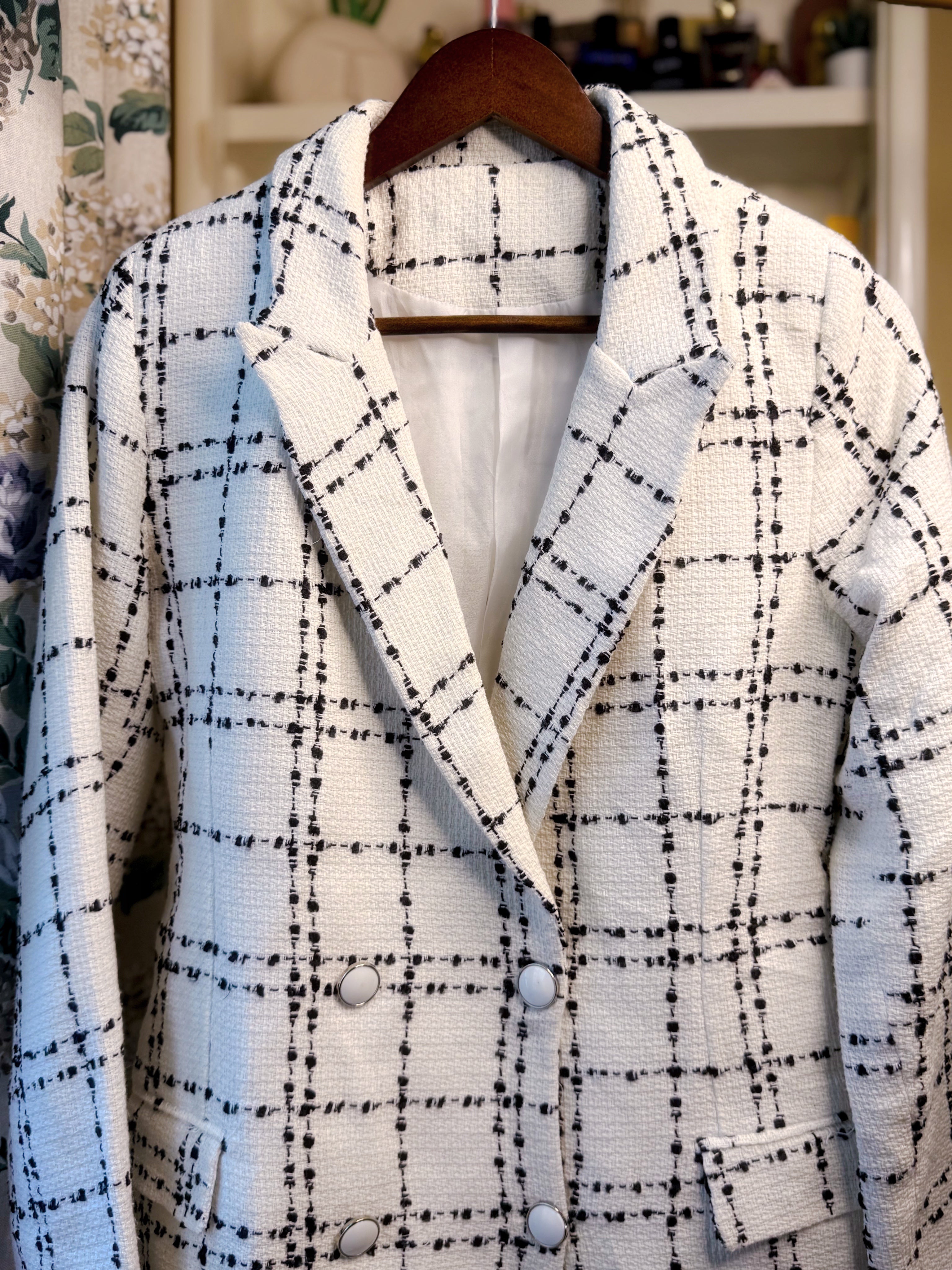 White double breasted plaid blazer