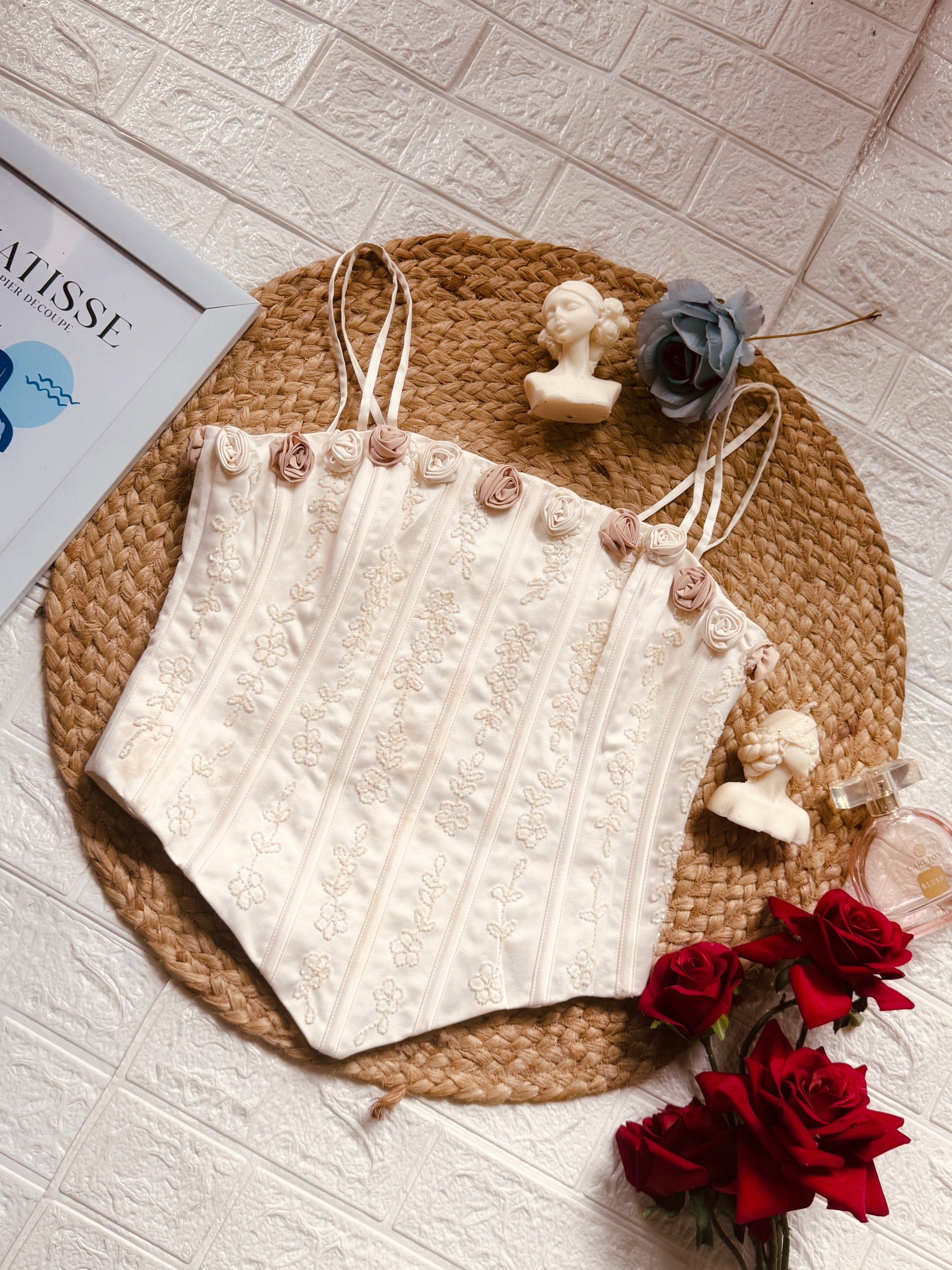 Floral appliqué white corset