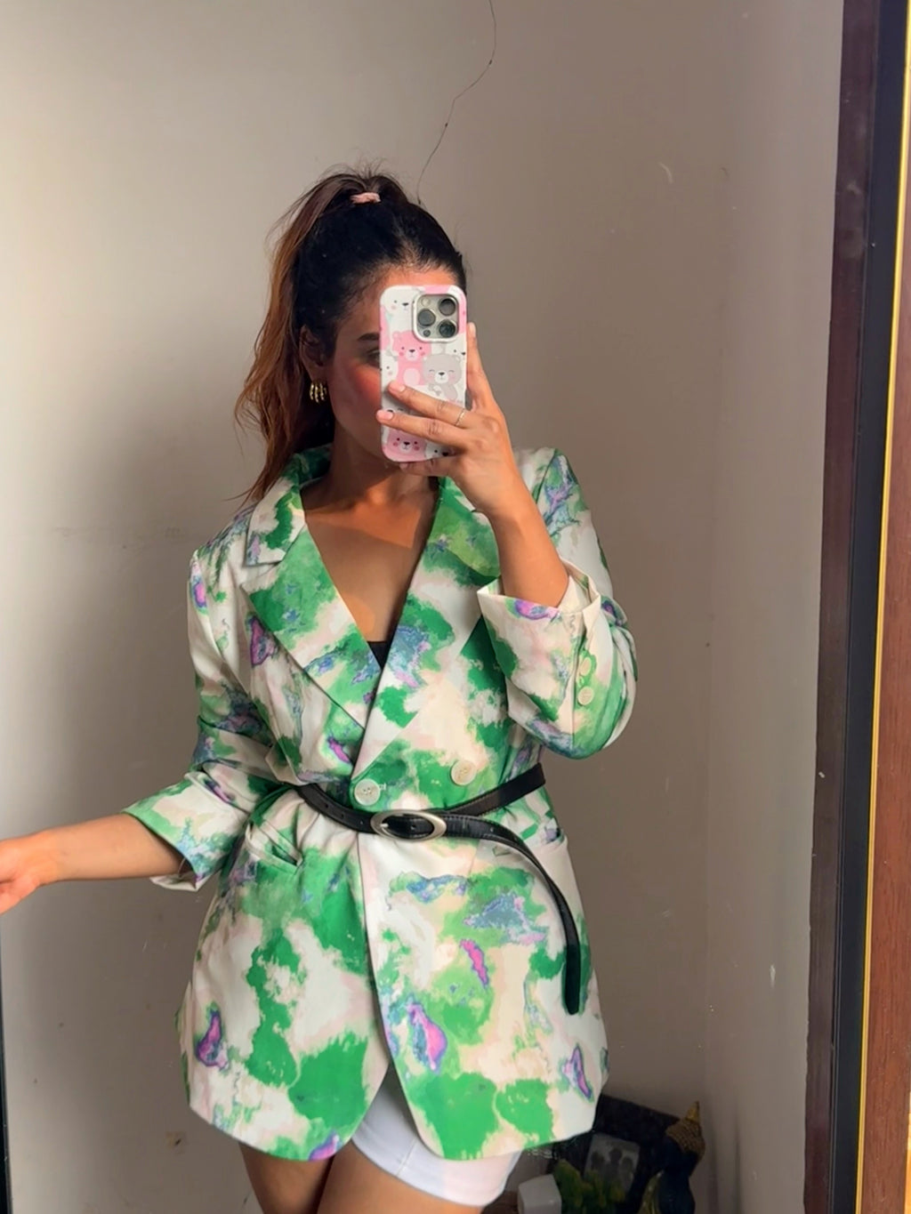 White and green Abstract print blazer / blazer dress