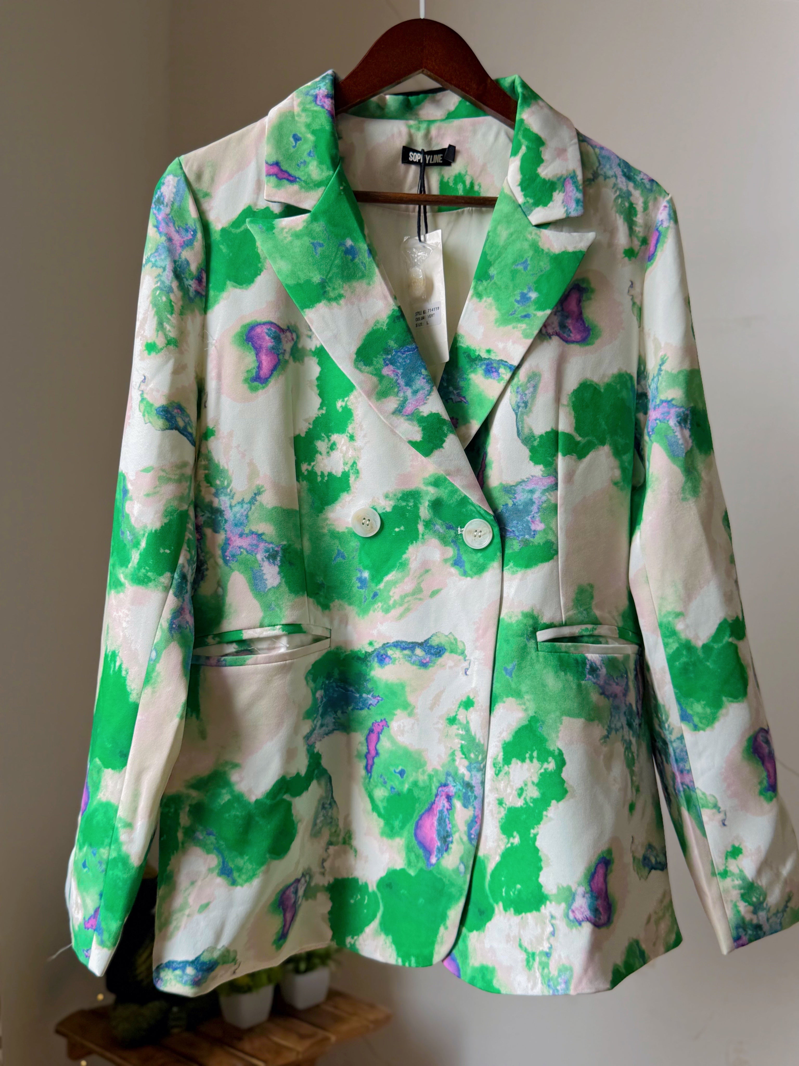 White and green Abstract print blazer / blazer dress