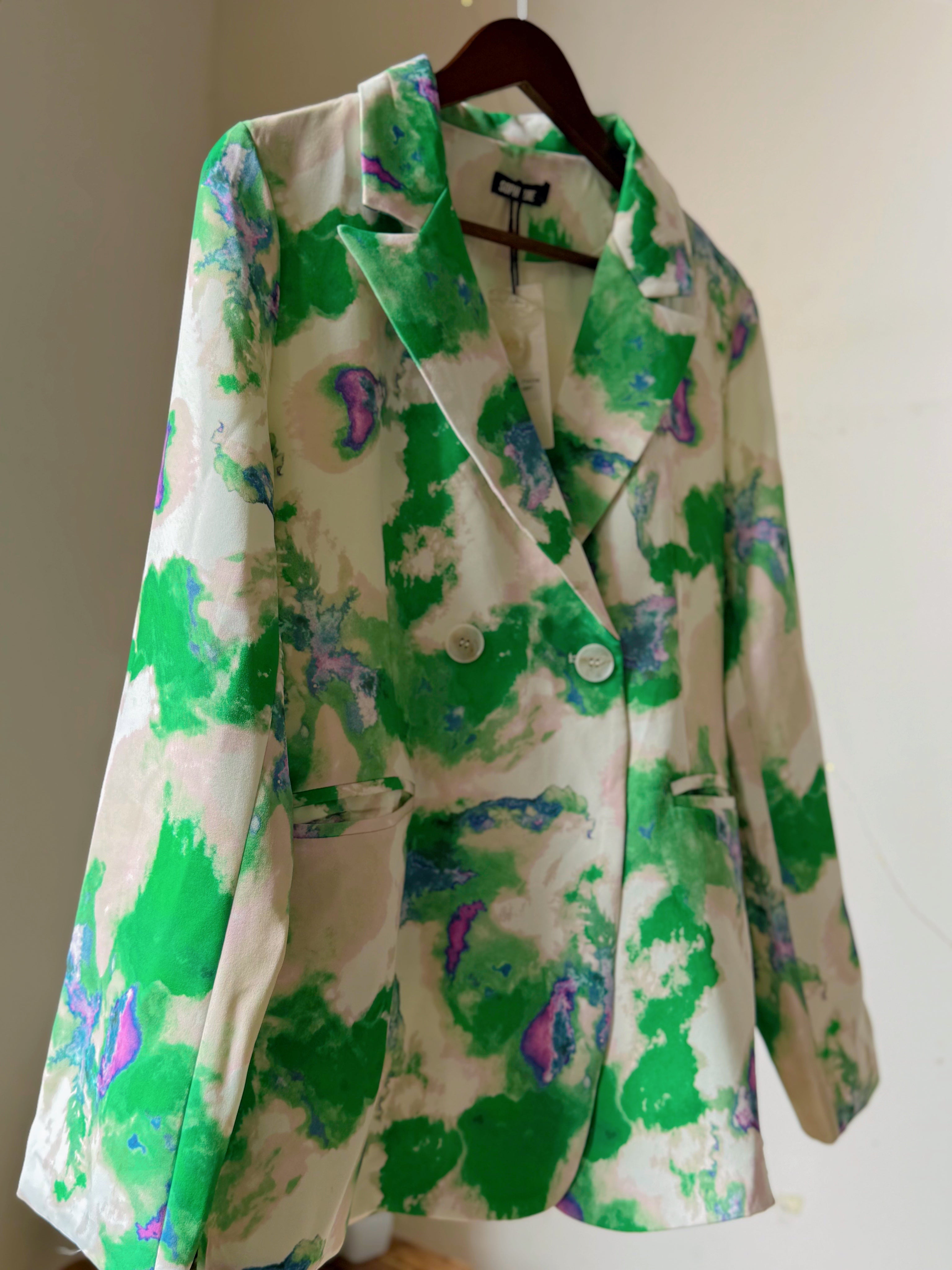 White and green Abstract print blazer / blazer dress