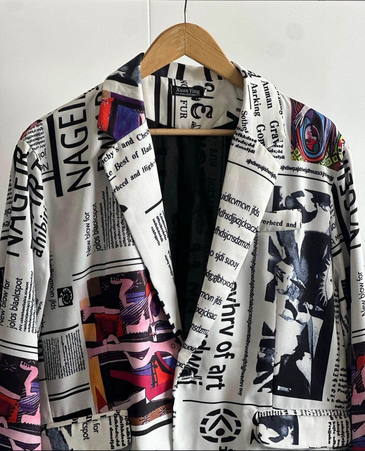Newspaper Print Lapel Graphic Blazer